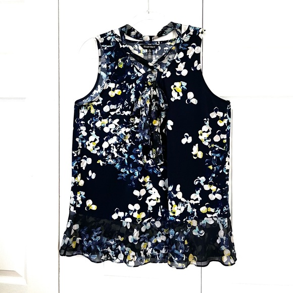 Ellen Tracy Blue Trellis Blossom Ink Tie Neck Top Sleeveless sz Large - Picture 7 of 14